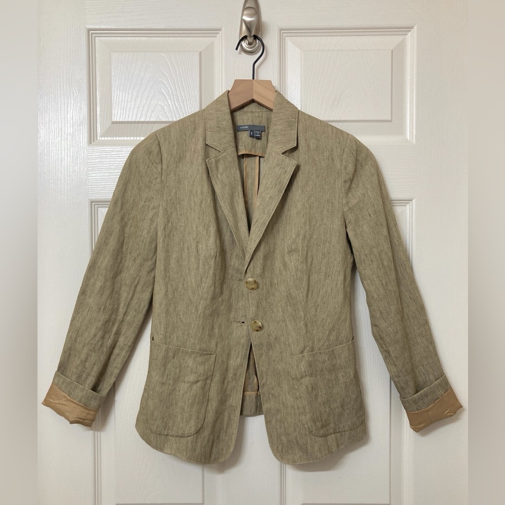 Vince Women’s Beige Linen Blend Blazer Jacket Size 2 Coastal Euro Summer Preppy